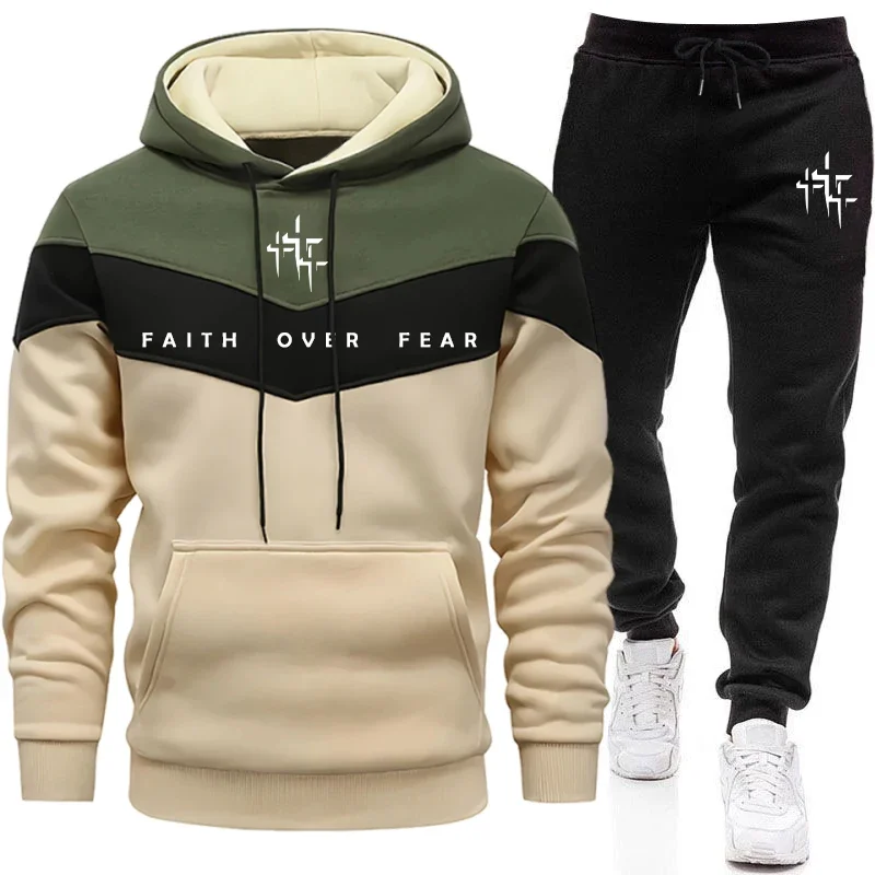 Street Fashion Hoodie - ชุดวอร์มผู้ชาย Faith Over Fear เสื้อฮู้ดและกางเกงจ็อกเกอร์ แฟชั่นสไตล์เมือง
