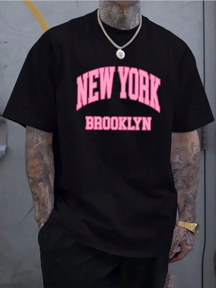 Street Fashion Of New York - เสื้อยืดแขนสั้นผู้ชายผ้าฝ้ายลายพิมพ์ตัวอักษร New York Brooklyn สไตล์วินเทจ คอกลม