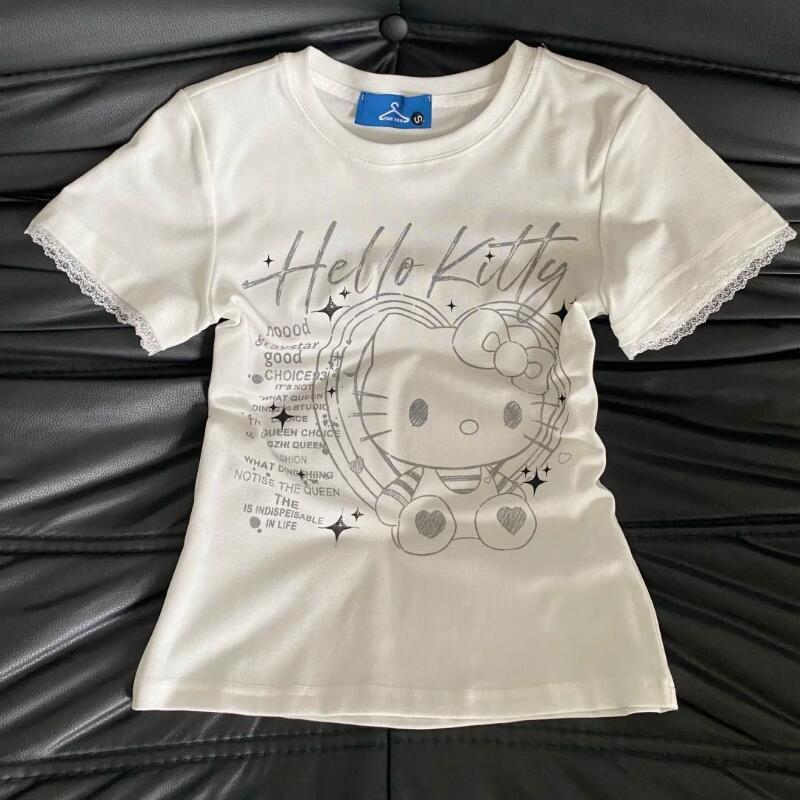 Street Fashion Us - เสื้อยืดแขนสั้นลายเฮลโล คิตตี้ สไตล์หวานซ่อนเปรี้ยว ย้อนยุค สำหรับผู้หญิง รุ่นใหม่ประจำฤดูร้อน