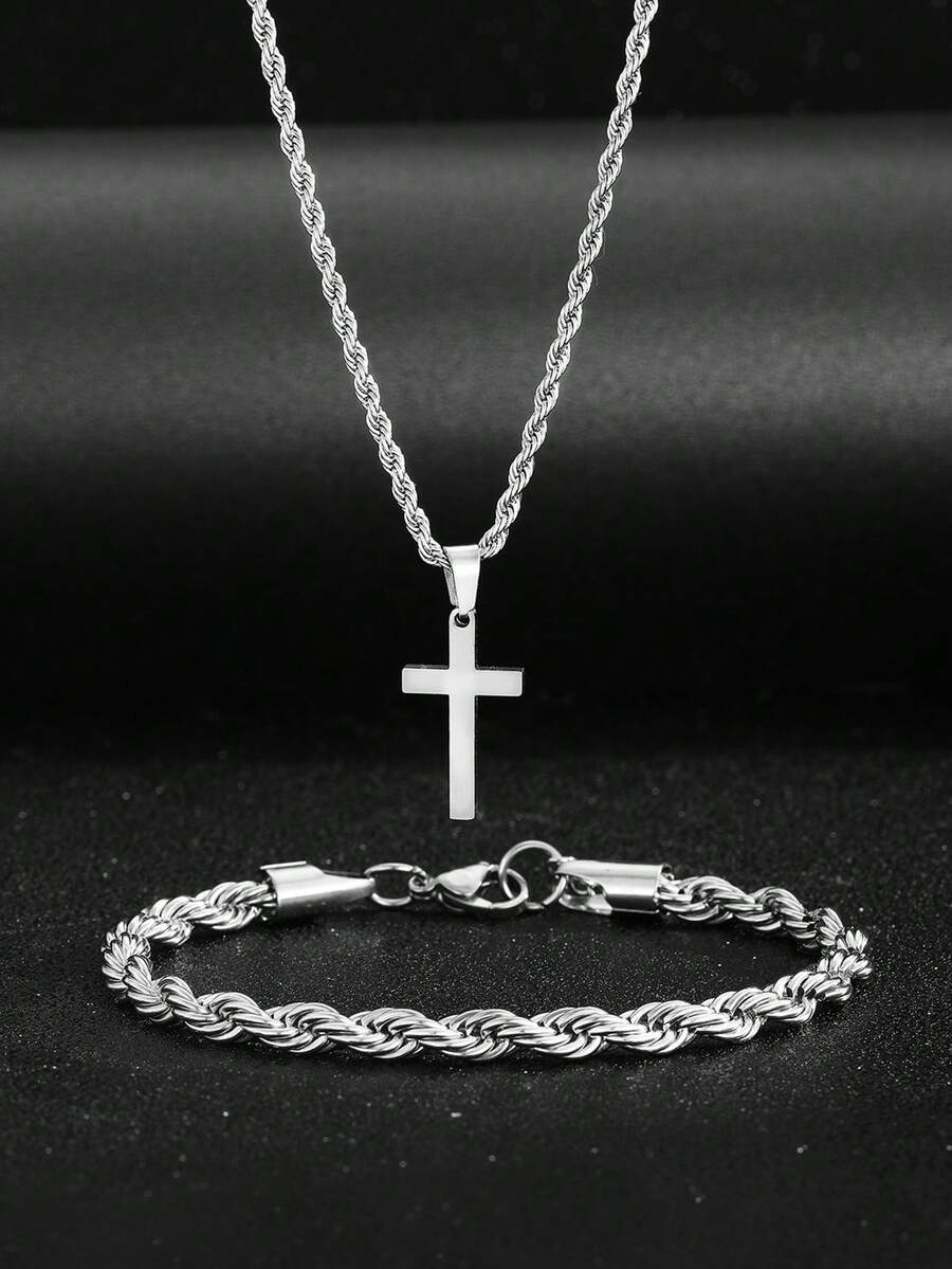 Street Fashion Jewelry - ชุดสร้อยคอและสร้อยข้อมือจี้รูปกางเขนสแตนเลส 1 ชุด เครื่องประดับฮิปฮอปสำหรับวัยรุ่น เครื่องประดับแฟชั่นสไตล์สตรีท ของขวัญวันเกิด