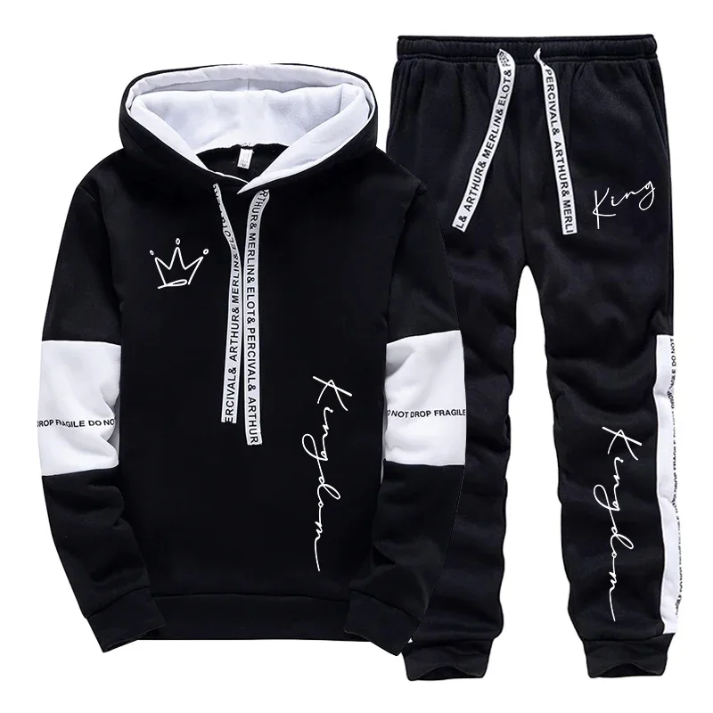 Street Fashion Hoodie - ชุดแฟชั่นลำลองสไตล์สปอร์ตสำหรับผู้ชาย ชุดฮู้ดดี้ทันสมัยสำหรับใส่ในบ้านและนอกบ้าน พร้อมลายพิมพ์ตัวอักษร KING ประกอบด้วยเสื้อฮู้ดดี้และกางเกงวอร์ม