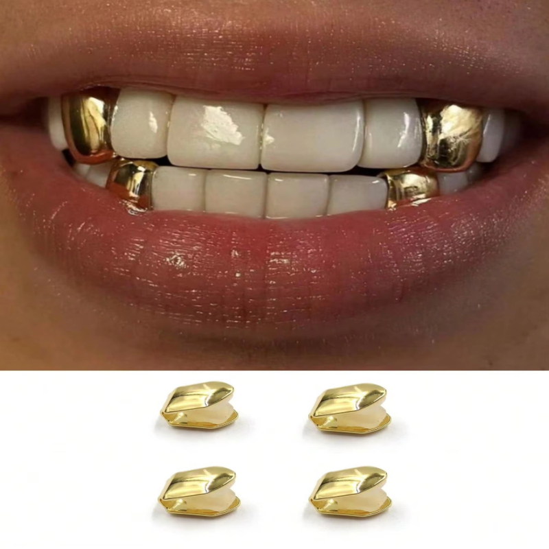 Street Fashion Jewelry - ชุดอุปกรณ์ทำฟันปลอมโลหะแบบฮิปฮอป แร็ปเปอร์ 1/2/3/4 ชิ้น แบบฟันเดี่ยว แบบฟันบน-ล่าง
