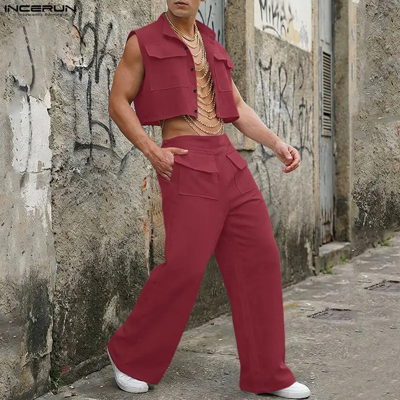 Street Fashion Us - INCERUN ชุดเซ็ตผู้ชาย เสื้อครอปแขนกุดสีพื้น กางเกงขายาว ชุด 2