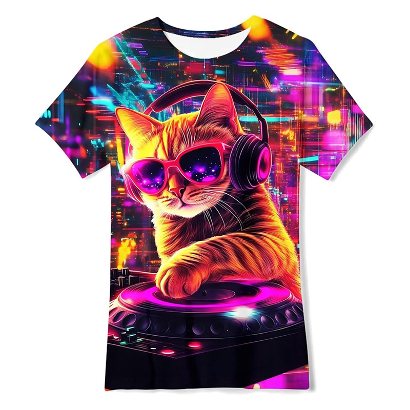 Street Fashion Trend 2025 - เสื้อยืดลายแมวฮิปฮอปสีนีออนสำหรับผู้ชาย เสื้อยืดคอกลมแขนสั้นสำหรับงานปาร์ตี้คาร์นิวัล สไตล์ฮิปฮอปสตรีท เทรนด์ฤดูร้อน 2025 ลายดาวอวกาศ