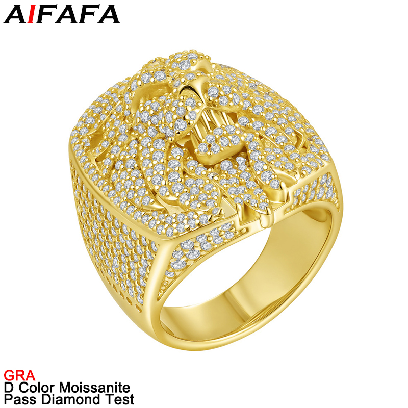 Street Fashion Jewelry - แหวนเพชรโมอิสซาไนต์สี D แบบเต็มวง ดีไซน์สิงโตฮิปฮอป แหวนนิ้วโมอิสซาไนต์ทั้งวง เครื่องประดับหรูหรา