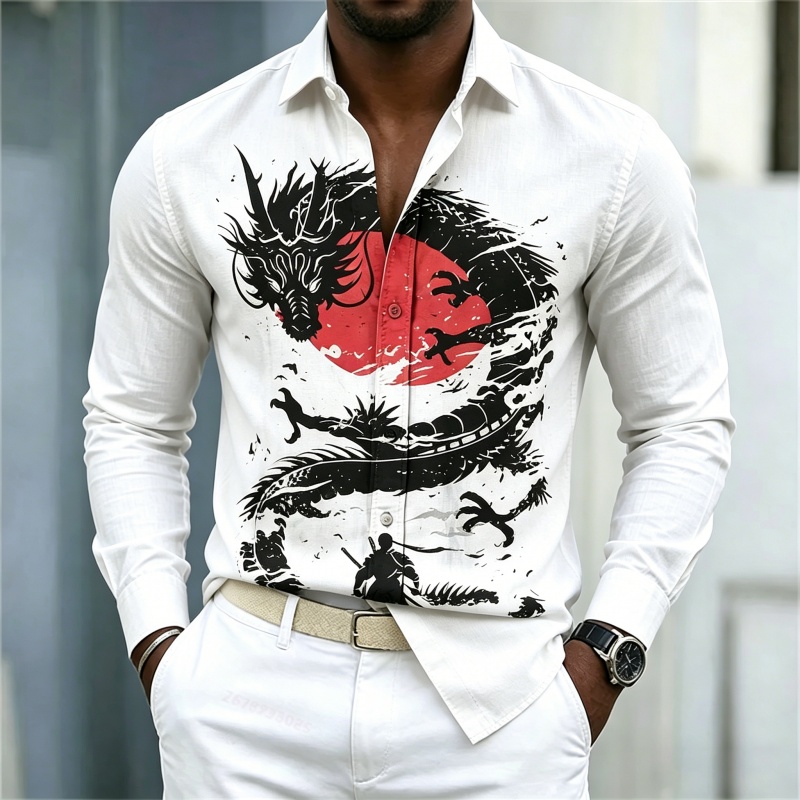 Street Fashion Us - เสื้อเชิ้ตผู้ชายลายมังกรสีขาวดำแดงตัดกัน รุ่นใหม่ปี 2026 สไตล์สตรีทแฟชั่นลำลองธุรกิจ แขนยาว เสื้อผ้าผู้ชาย