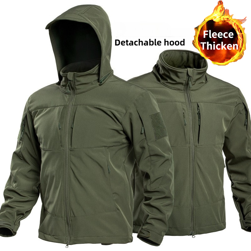 Windbreak Shell Jacket - เสื้อแจ็คเก็ตทหารยุทธวิธีแบบพิเศษสำหรับผู้ชาย ผ้าซอฟต์เชลล์บุขนแกะอุ่นสำหรับฤดูหนาว มีฮู้ดถอดได้ เหมาะสำหรับเดินป่า เล่นสโนว์บอร์ด และกันลม