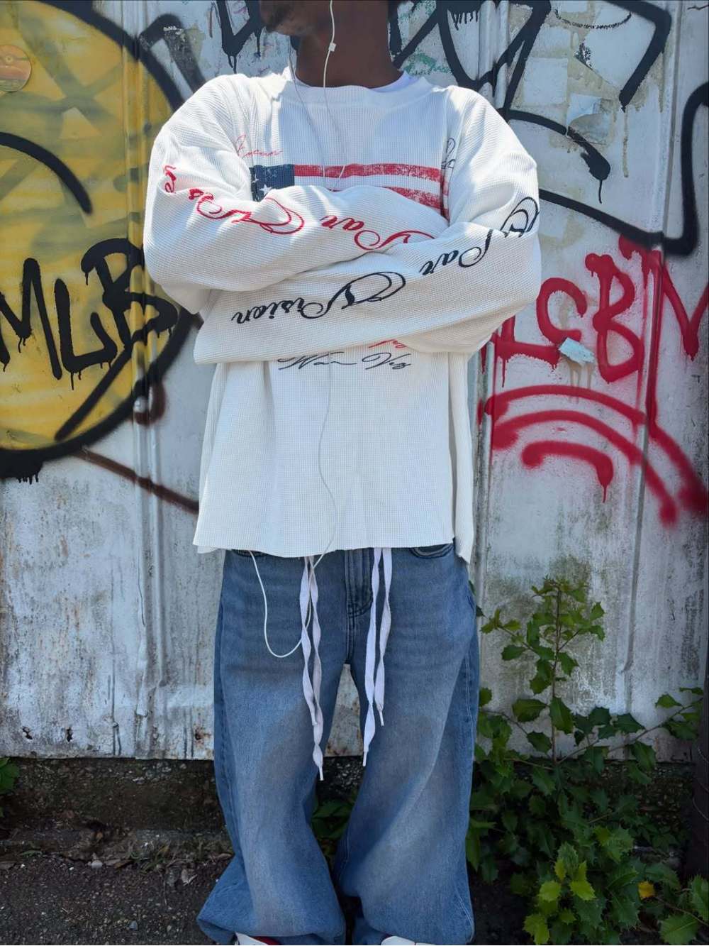 Street Fashion Us - เสื้อแขนยาวสไตล์วอฟเฟิลพิมพ์ลายธงชาติอเมริกัน Y2K แนวเรโทร แฟชั่นสตรีทเทรนดี้ ใส่ได้หลากหลาย สำหรับฤดูใบไม้ร่วงปี