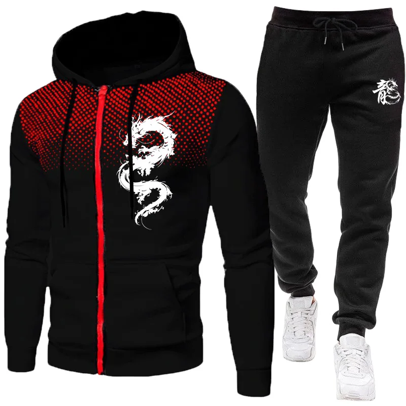Street Fashion Hoodie - ชุดเซ็ตแฟชั่นลายพิมพ์มังกรปารีสสำหรับผู้ชาย เสื้อฮู้ดและกางเกงขายาวอุ่นๆ ชุดฮู้ดเรียบง่ายสำหรับฤดูหนาว เสื้อผ้าผู้ชายลดราคา