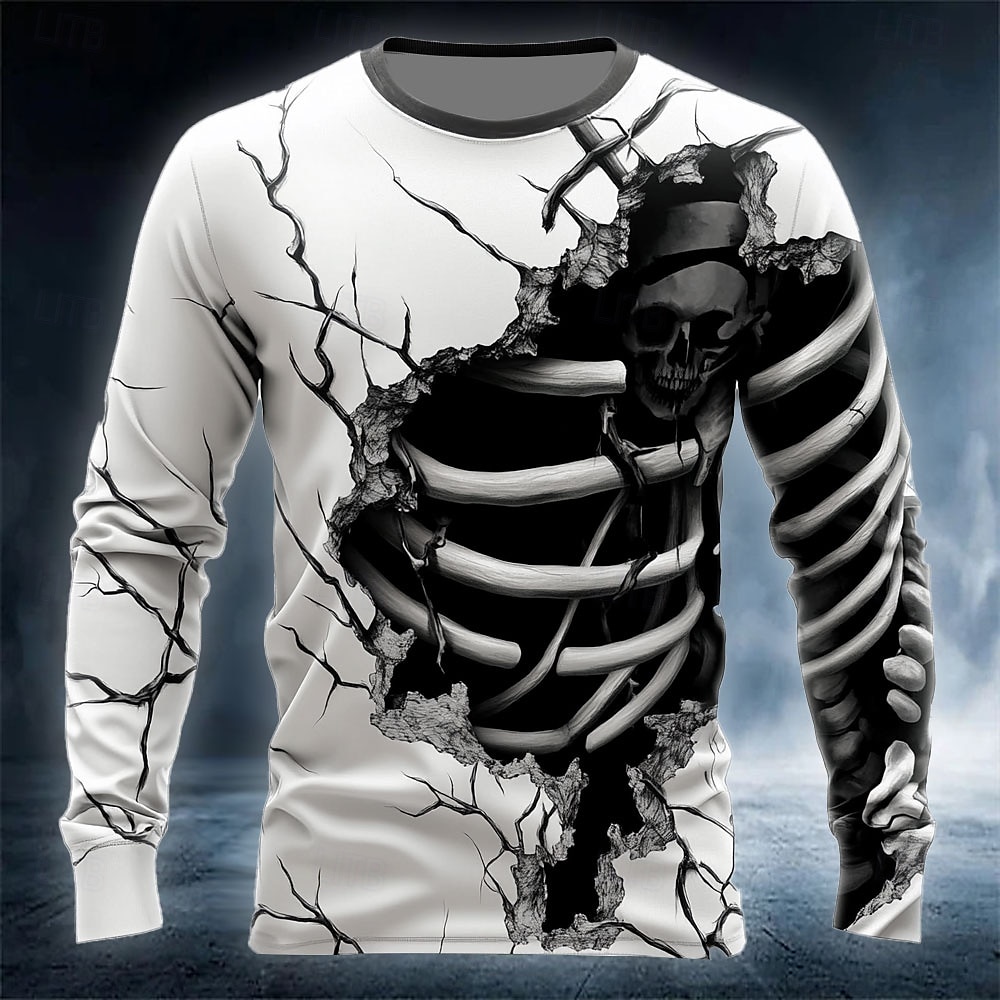 Street Fashion Us - เสื้อยืดผู้ชายลายหัวกะโหลก 3D สุดเท่ แฟชั่นหลวม แขนยาว สไตล์สตรีท