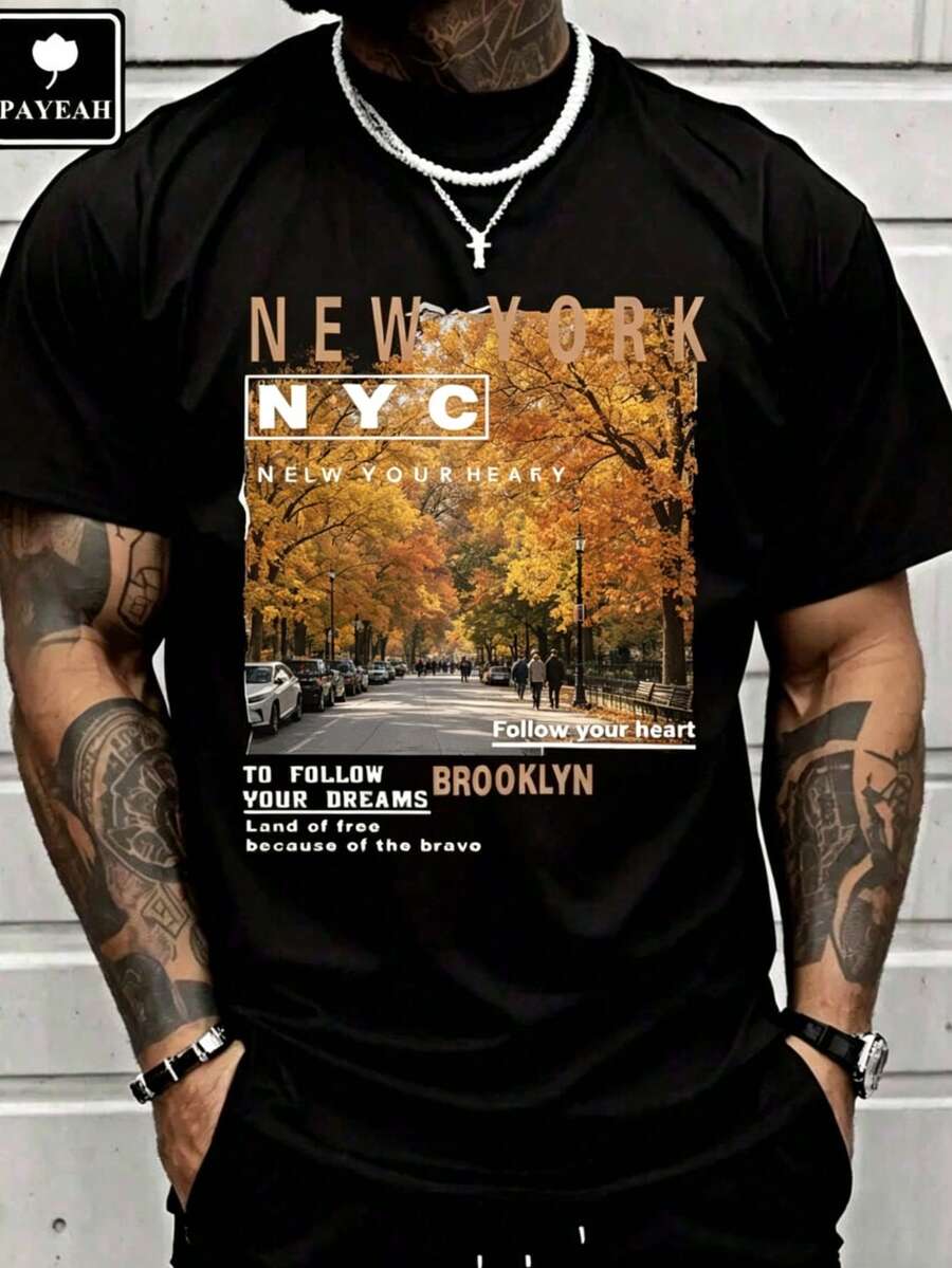 Street Fashion Of New York - เสื้อผ้าลำลองสำหรับผู้ชาย, ภาพวิวถนนบรูคลิน นิวยอร์ก, เสื้อยืดแฟชั่น, เสื้อยืดแขนสั้นพิมพ์ลายสำหรับผู้ชาย -