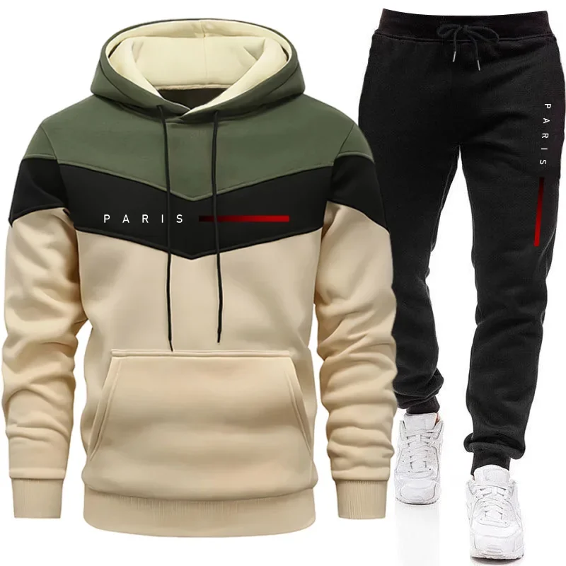 Street Fashion Hoodie - ชุดฮู้ดดี้แฟชั่นผู้ชายสไตล์ปารีส เสื้อฮู้ดและกางเกงจ็อกเกอร์ลำลองสำหรับใส่ในชีวิตประจำวัน ชุดวอร์มเทรนด์เมืองสำหรับผู้ชาย