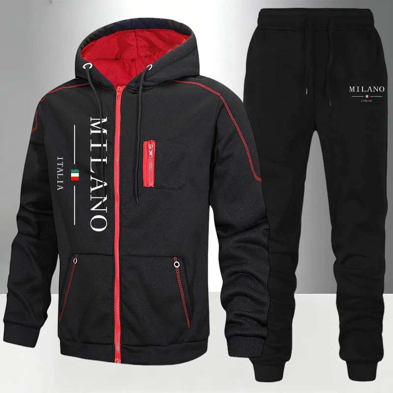 Street Fashion Hoodie - ชุดแฟชั่นผู้ชายสไตล์อิตาลี/เสื้อโค้ท/กางเกงขายาว สำหรับฤดูใบไม้ร่วงและฤดูหนาว ชุดลำลองสำหรับใส่ทุกวัน ชุดกีฬาแบบมีซิป ชุดวอร์มสำหรับขี่มอเตอร์ไซค์กลางแจ้ง เสื้อฮู้ดกันหนาว