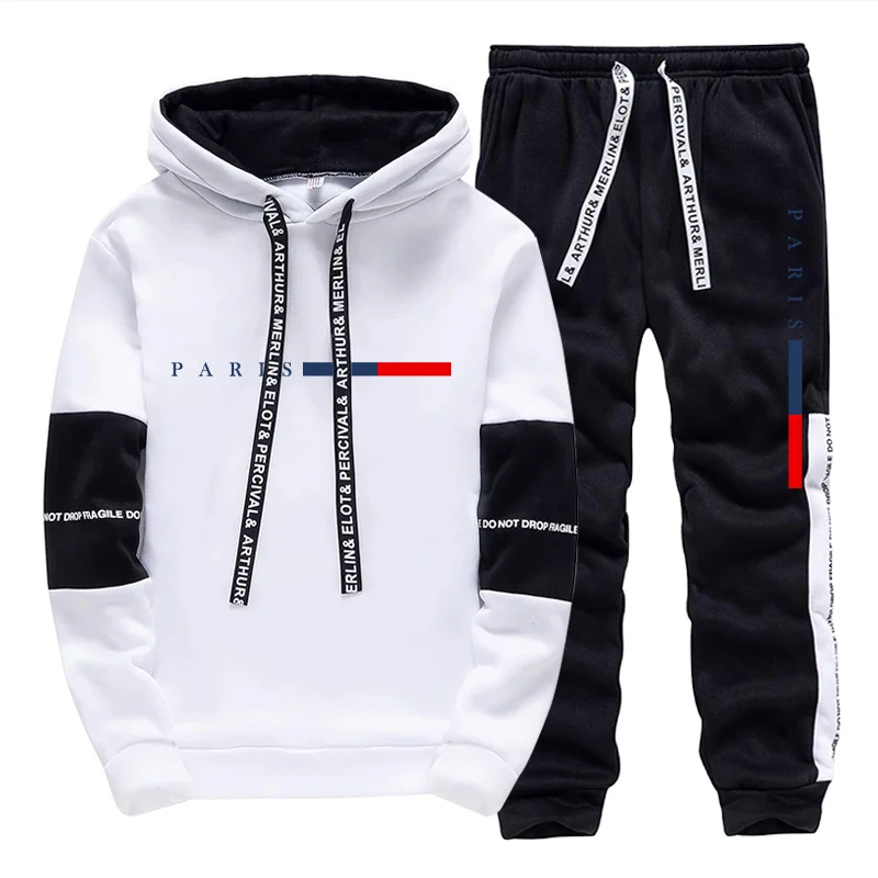 Street Fashion Hoodie - ชุดเซ็ตผู้ชาย/เสื้อฮู้ด/กางเกง แฟชั่นปารีส ฤดูใบไม้ร่วง ฤดูหนาว ชุดลำลองสปอร์ต เสื้อฮู้ดแบบสวมหัวและกางเกงขายาว