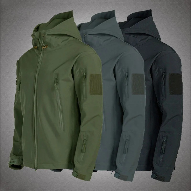 Windbreak Shell Jacket - เสื้อแจ็คเก็ตกันลมกันน้ำสำหรับผู้ชาย เสื้อแจ็คเก็ตทหาร เสื้อแจ็คเก็ตบอมเบอร์มีฮู้ด เสื้อแจ็คเก็ตทหารแบบหนังฉลาม เสื้อแจ็คเก็ตซอฟต์เชลล์