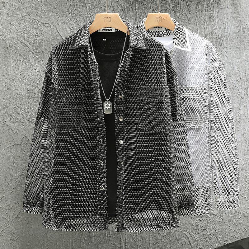 Street Fashion Style Male - เสื้อเชิ้ตตาข่ายผู้ชายสไตล์อเมริกันลำลองแฟชั่นฤดูใบไม้ผลิ/ฤดูร้อน ทรงหลวม สตรีทแฟชั่น แต่งสีตัดกัน แบบโปร่ง ป้องกันแสงแดด