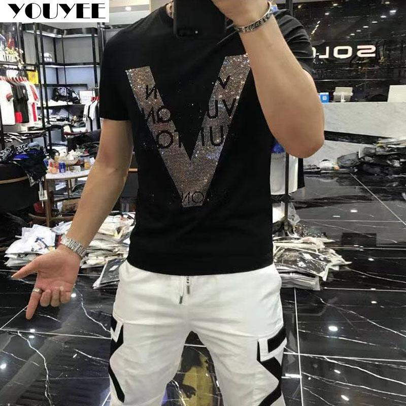 Street Fashion Style Male - เสื้อยืดเสื้อผ้าผู้ชายผ้าฝ้าย V-รูปแบบ Rhinestone Top 2022ใหม่ชาย Street