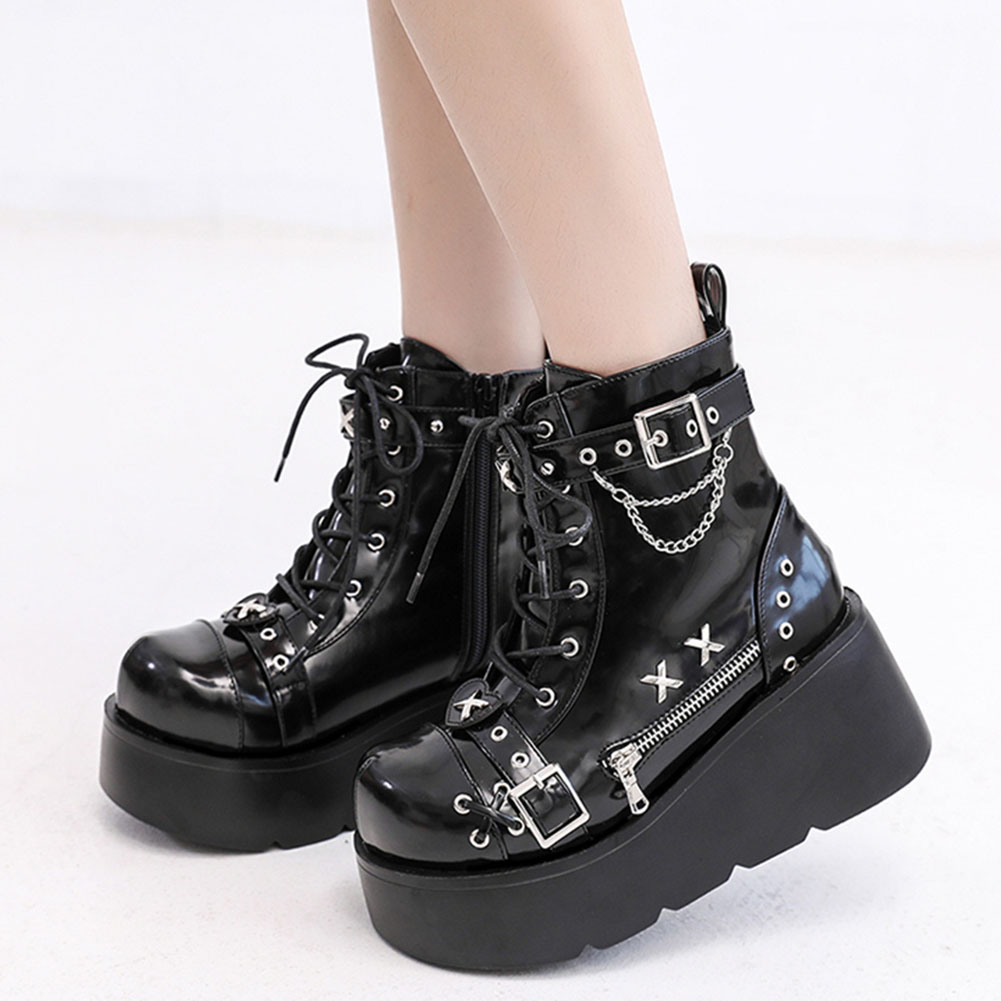 Girl Fashion Street - ใหม่เอี่ยมสุภาพสตรี Goth ข้อเท้ารองเท้าแฟชั่นหัวเข็มขัด Zip Rivet Punk