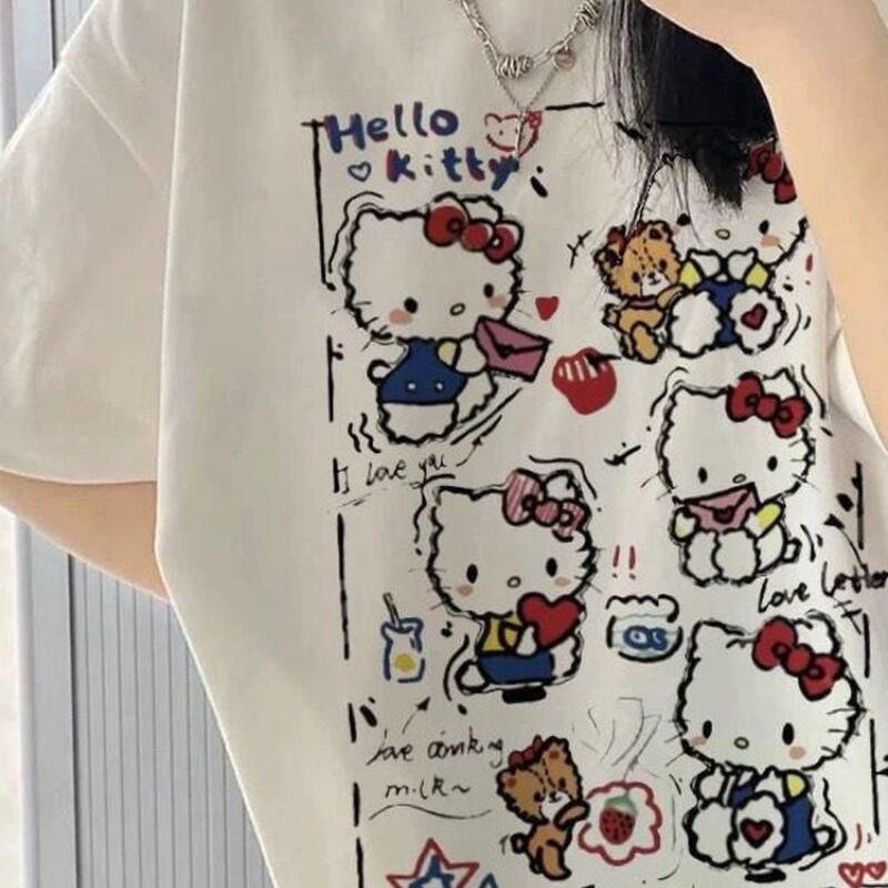Street Fashion Us - เสื้อยืดแขนสั้นลายกราฟฟิตี้เฮลโล คิตตี้สำหรับผู้หญิง ผ้าฝ้าย Y2K ลายการ์ตูนน่ารัก แฟชั่นสตรีทสุดฮิต