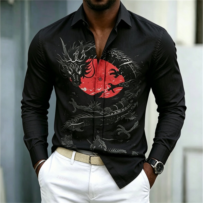 เสื้อเชิ้ตผู้ชายลายมังกรสีขาวด - Street Fashion Us บทวิจารณ์และราคา