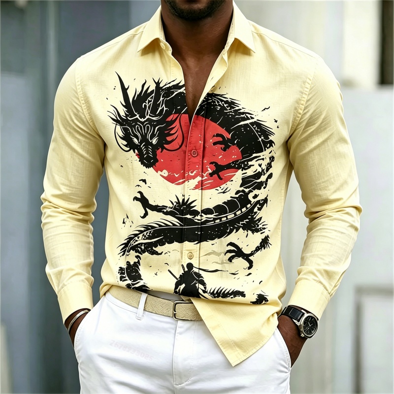 เสื้อเชิ้ตผู้ชายลายมังกรสีขาวด - Street Fashion Us บทวิจารณ์และราคา