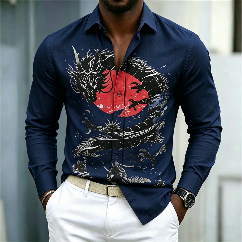 เสื้อเชิ้ตผู้ชายลายมังกรสีขาวด - Street Fashion Us บทวิจารณ์และราคา