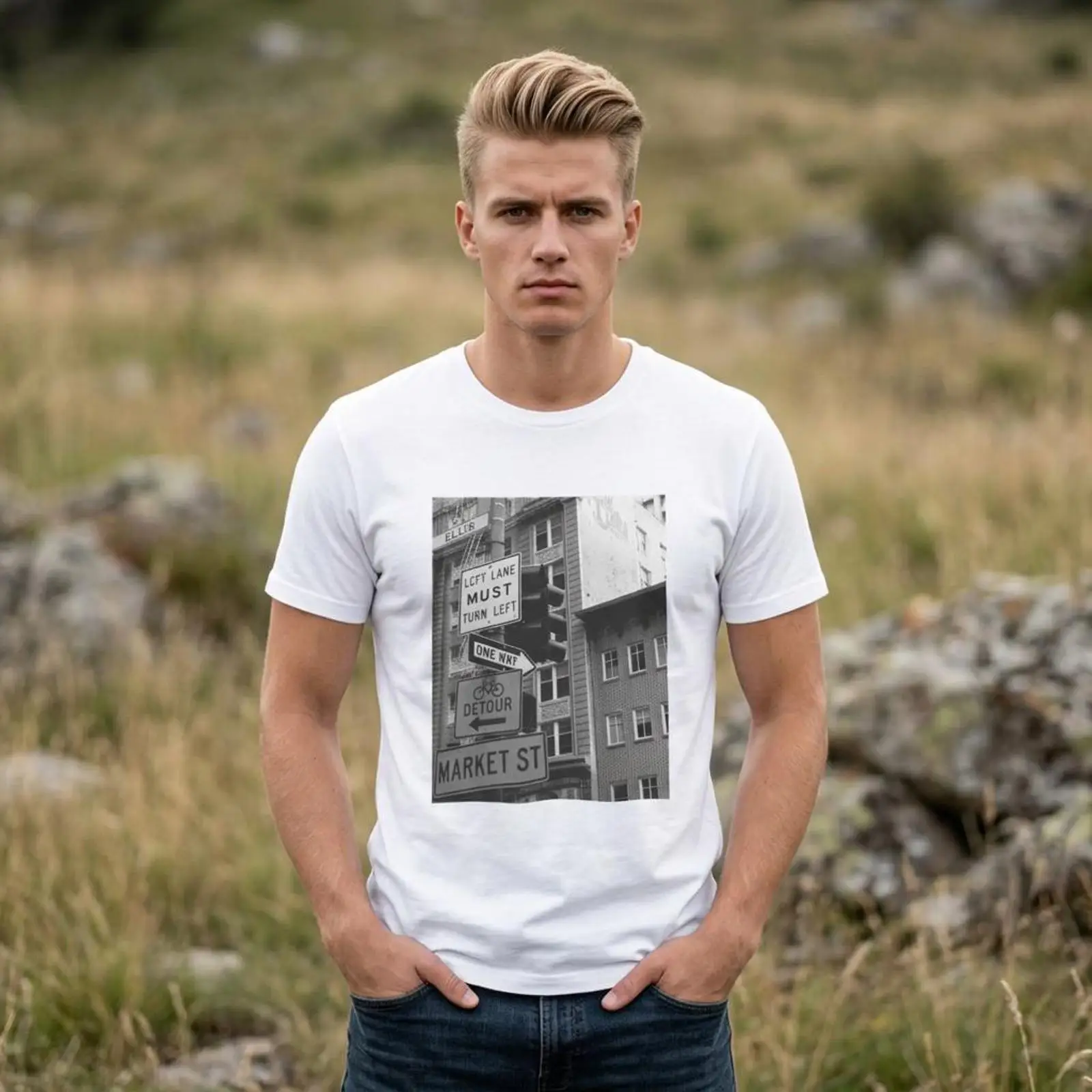 เสื้อยืดลายป้ายถนนมาร์เก็ตสตรี - Urban Street Fashion Photography บทวิจารณ์และราคา
